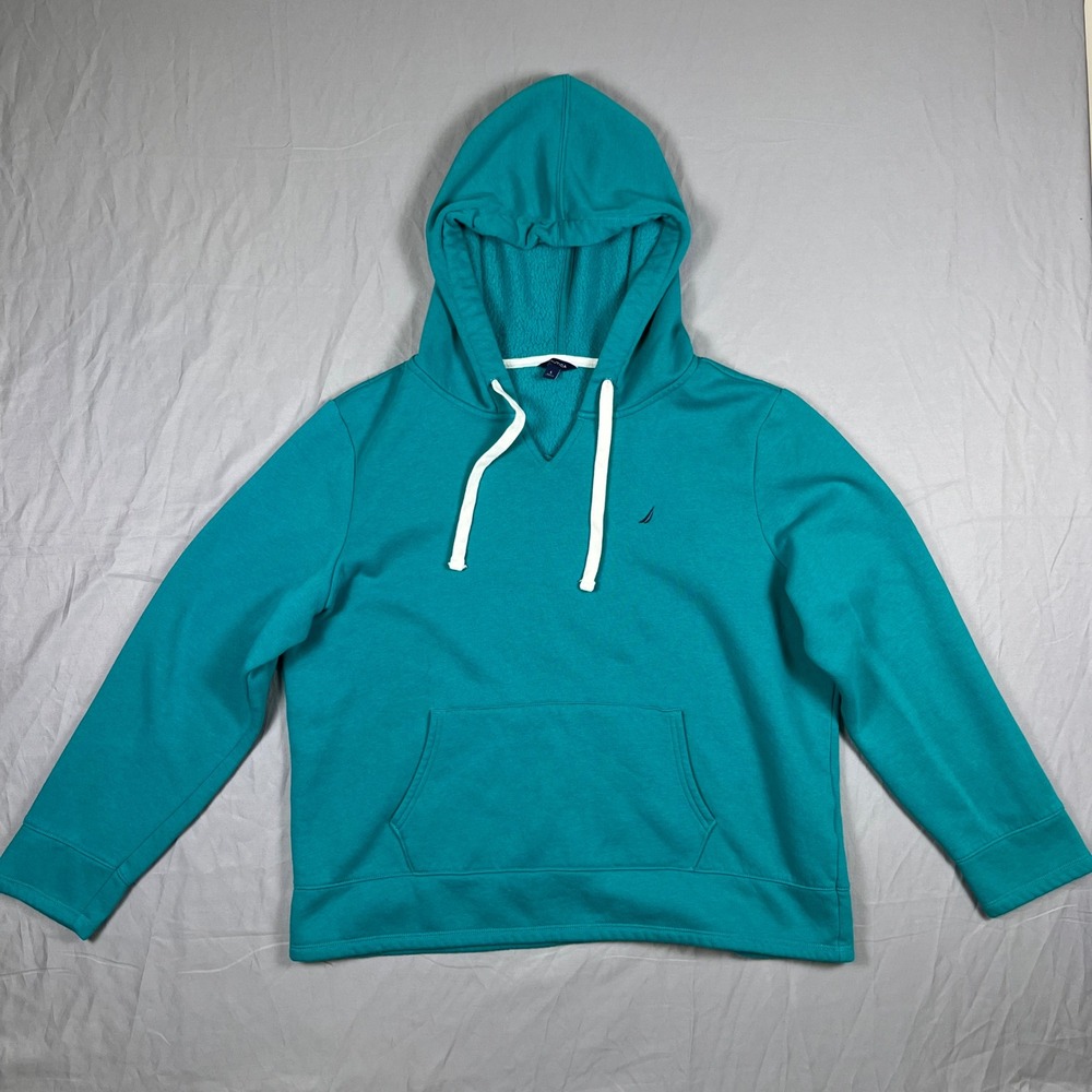 Nautica Womens Teal Blue Long Sleeve Pullover Hoodie Sweatshirt Size L